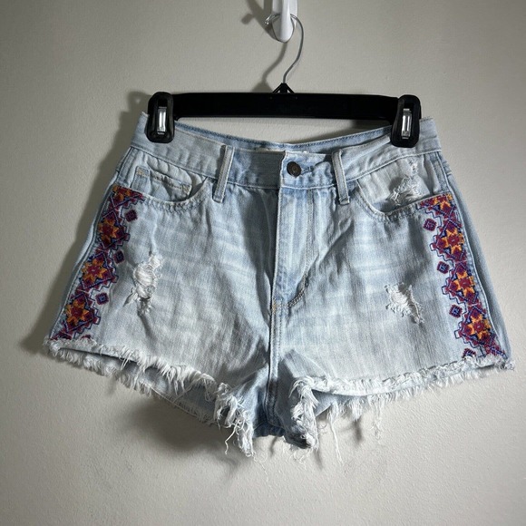 Hollister Pants - Hollister Light Wash High Rise Boho Southwestern Distress Denim Cut Off Shorts 3